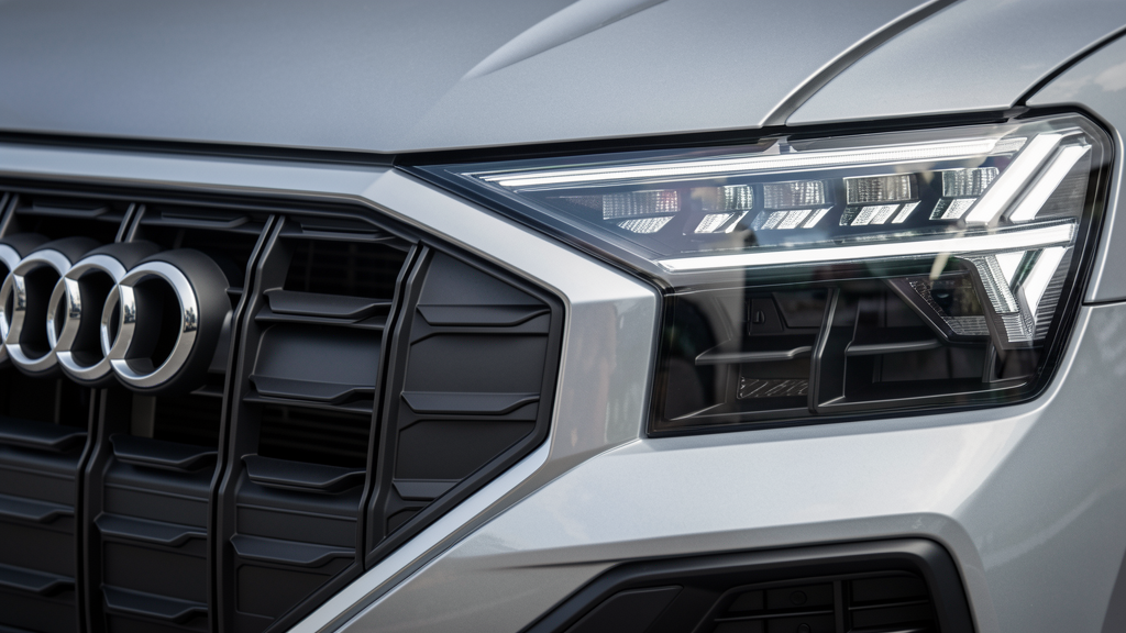 Audi Q4 e-tron far detayı, Matrix LED, Singleframe ızgara makro
